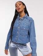 Signature 8 Denim Shirt With Stud Detail In Mid Wash-blues