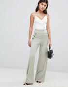 Prettylittlething Ribbed Button Detail Pants In Green - Green