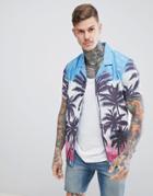 Asos Design Festival Regular Fit Palm Tree Hawaiian Shirt With Sequins And Revere Collar - White
