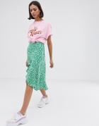 Bershka Ditsy Floral Asymmetric Skirt In Green - Green