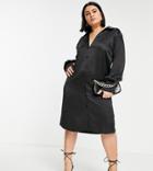 Asos Design Curve Slouchy Satin Plunge Shirt Midi Dress In Black