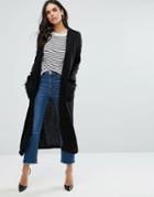 Zibi London Longline Cardigan With Faux Fur Trim - Black