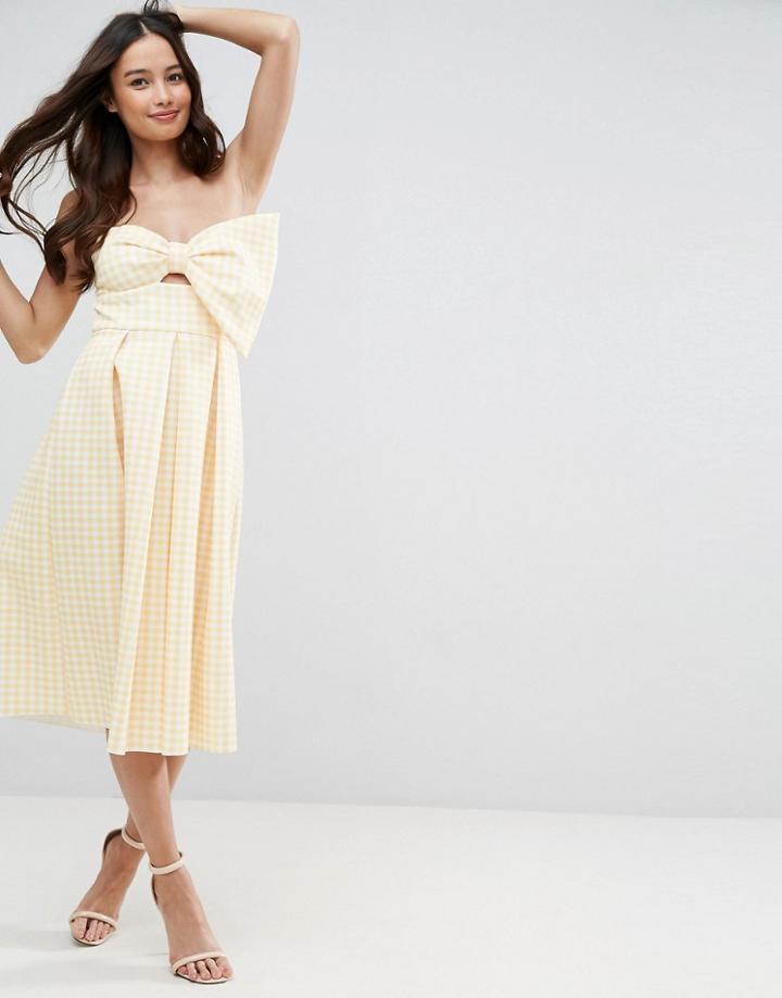 Asos Scuba Gingham Bow Front Midi Prom Dress - Yellow