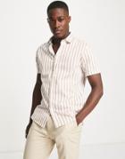 Topman Smart Short Sleeve Slim Shirt In Toffee And White Stripe