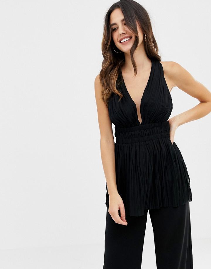 Asos Design Pleated Plunge Top With Cross Back - Black