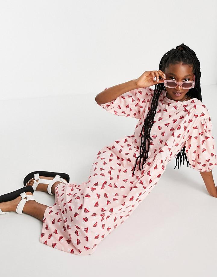 Monki Yoyo Mushroom Print Midi Dress In Pink