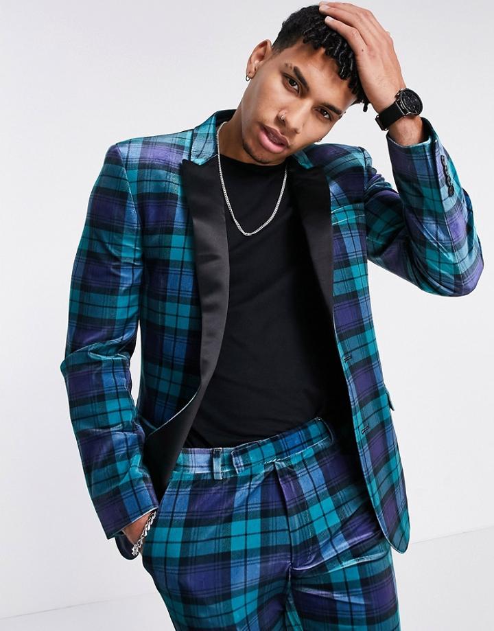 Asos Design Super Skinny Plaid Velvet Tuxedo Suit Jacket In Blue-black
