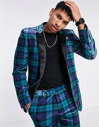 Asos Design Super Skinny Plaid Velvet Tuxedo Suit Jacket In Blue-black