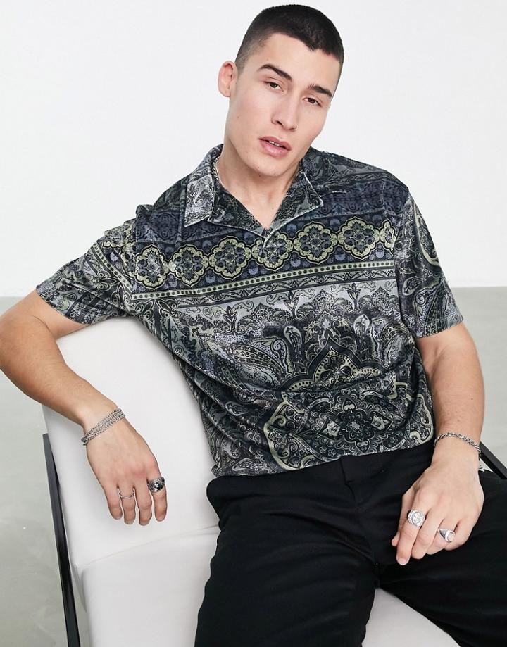 Asos Design Revere Polo T-shirt In Velour Paisley Print-black