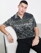Asos Design Revere Polo T-shirt In Velour Paisley Print-black