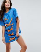 Asos Sweat T-shirt Dress With Contrast Lace Up Detail - Blue