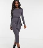 New Look Tall Tie Waist Rib Midi Dress In Dark Gray-grey