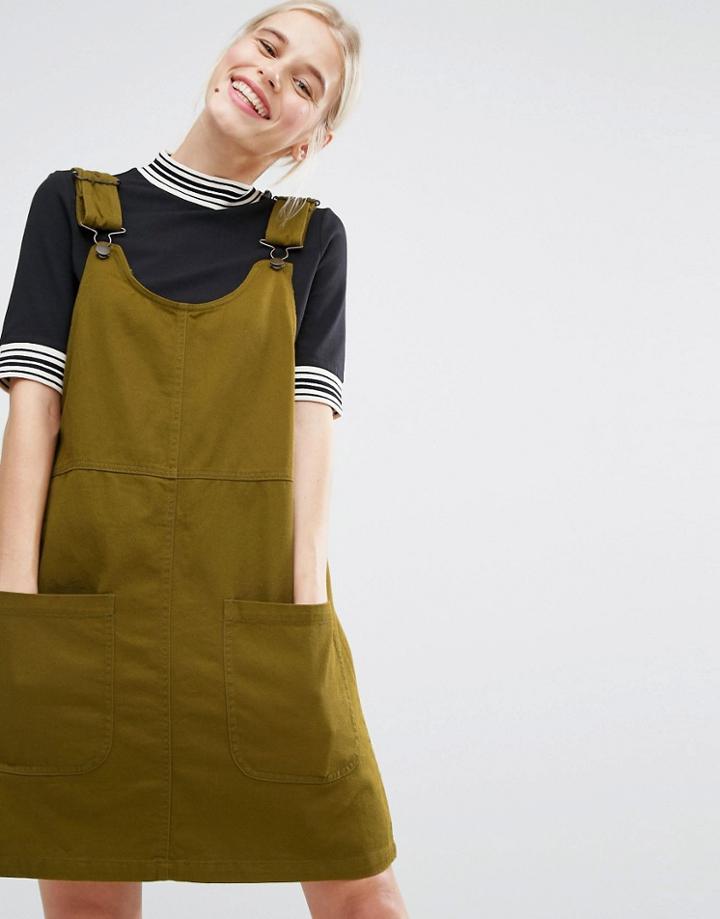 Monki Pocket Front Pinafore Dress - Green