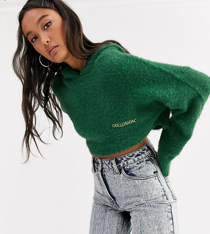 Collusion Fluffy Knit Cropped Hoodie In Khaki-green
