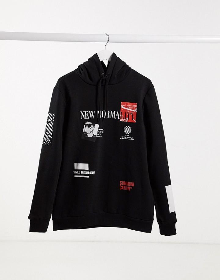 Bershka Hoodie With Front Print In Black
