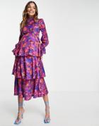 Little Mistress High Neck Maxi Dress With Ruffles In Dark Floral-multi