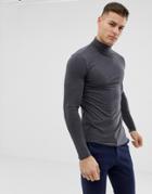 Asos Design Muscle Fit Long Sleeve T-shirt With Roll Neck In Charcoal Marl - Gray