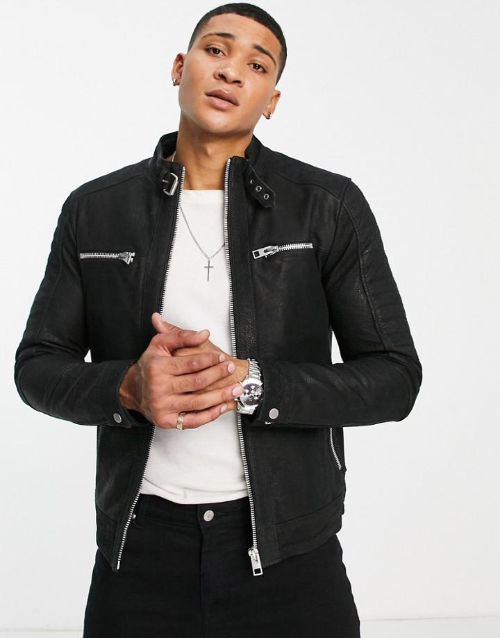 Barneys Originals Buffalo Leather Racer Jacket In Black