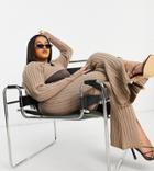 Asos Design Curve Knit Ribbed Kick Flare Pants With Front Slit In Beige -set-neutral