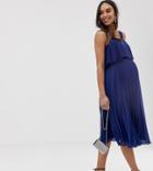 Asos Design Maternity Double Layer Pleated Cami Midi Dress-navy