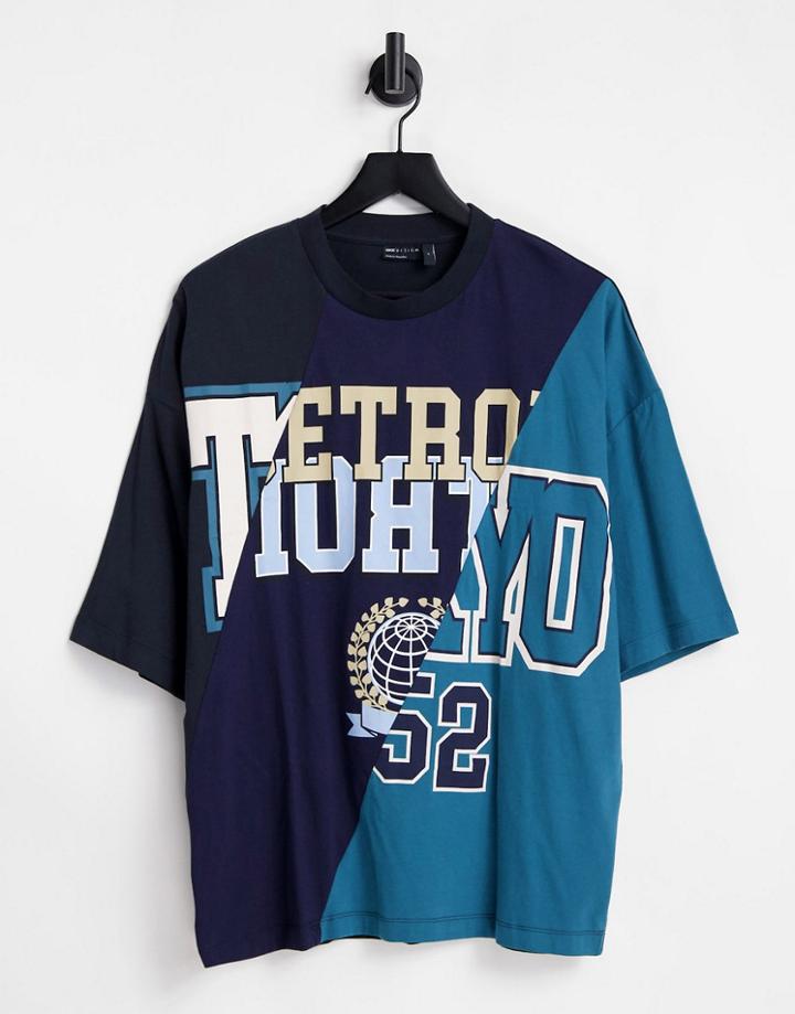 Asos Design Oversized T-shirt In Gray And Blue Color Block With Mixed City Print