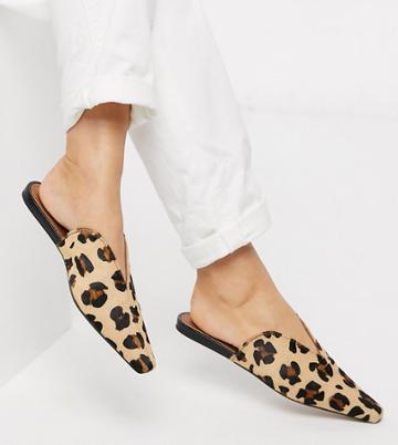 Asos Design Wide Fit Landing Leather Mules In Leopard-multi