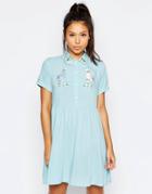 Lazy Oaf Button Front Shirt Dress With Retro Bird Print - Blue