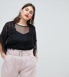 Lost Ink Plus Top With Fringe Sleeves In Mixed Lace - Black