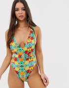 Sian Marie Alectro Reversible High Leg Swimsuit In Blue Tropical - Multi