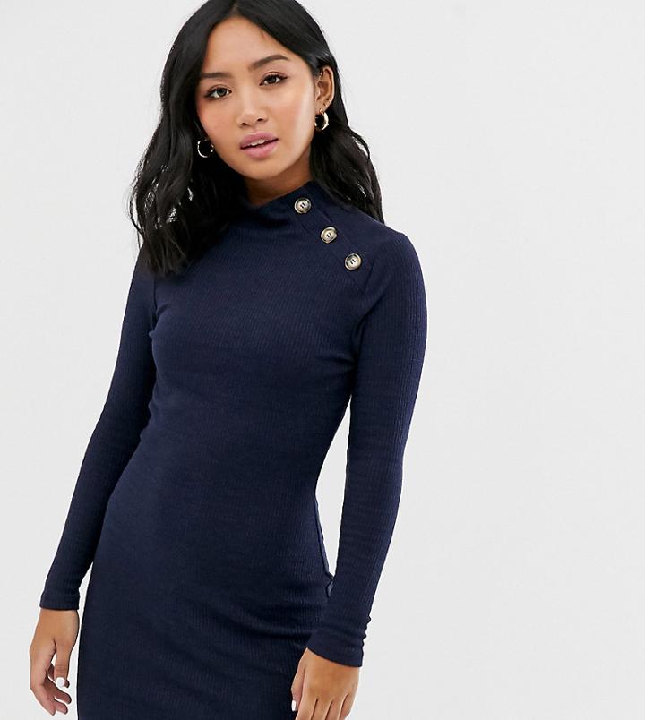 Brave Soul Petite Beda Rib Sweater Dress With Button Neck-navy