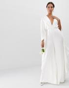 Asos Edition Cape Sleeve Wedding Jumpsuit In Satin - White