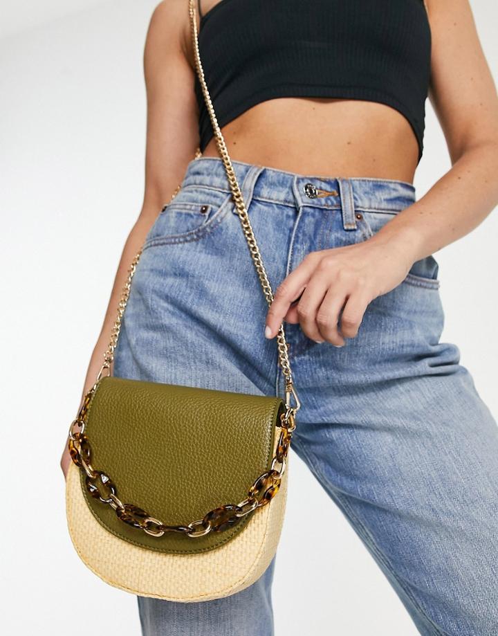Svnx Straw Shoulder Bag With Chunky Chain In Green