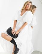 Asos Edition Tiered Midi Smock Dress In Textured Stripe-white