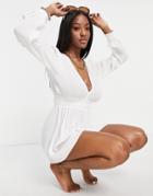 Asos Design Fuller Bust Long Sleeve Plunge Beach Romper In White