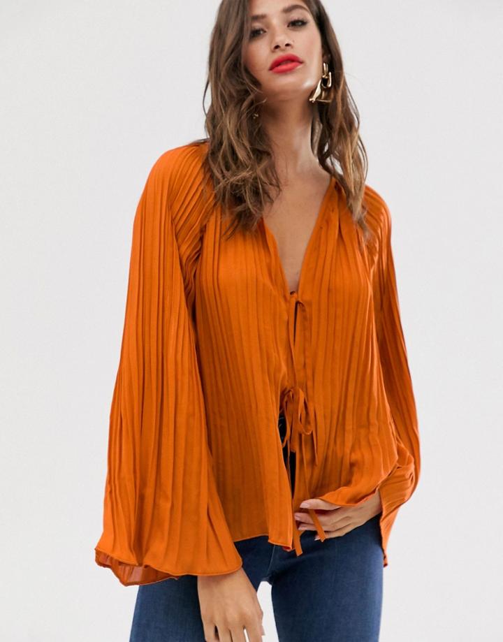 Asos Design Pleated Kimono With Tie Front - Black