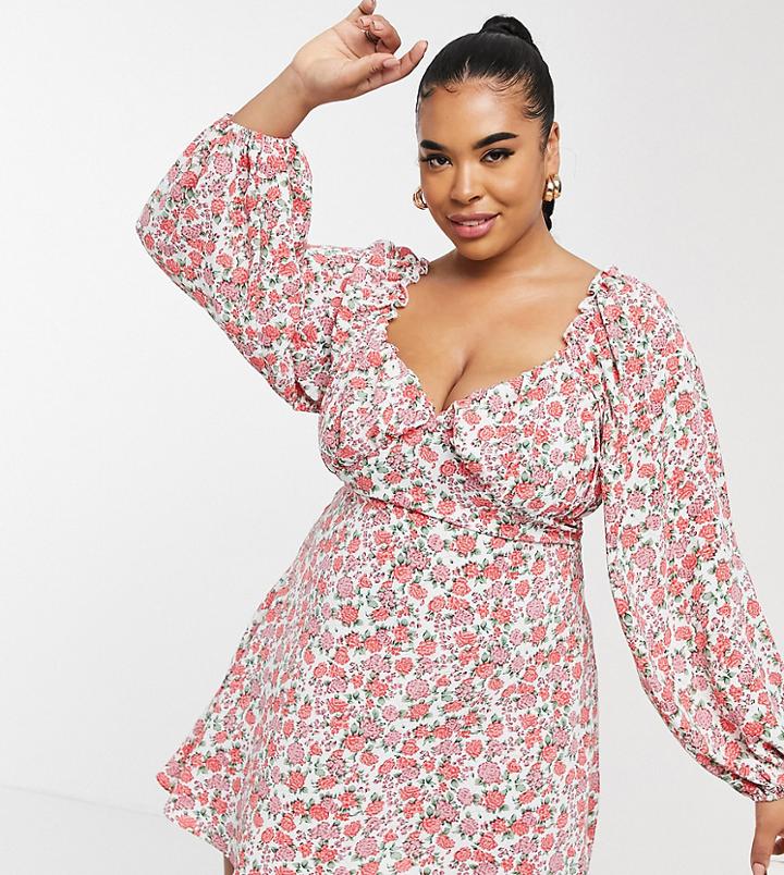 Missguided Plus Milkmaid Skater Dress In Orange Floral