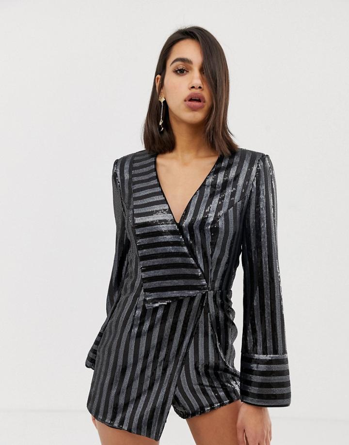 River Island Romper With Cross Front In Metallic Stripe-silver