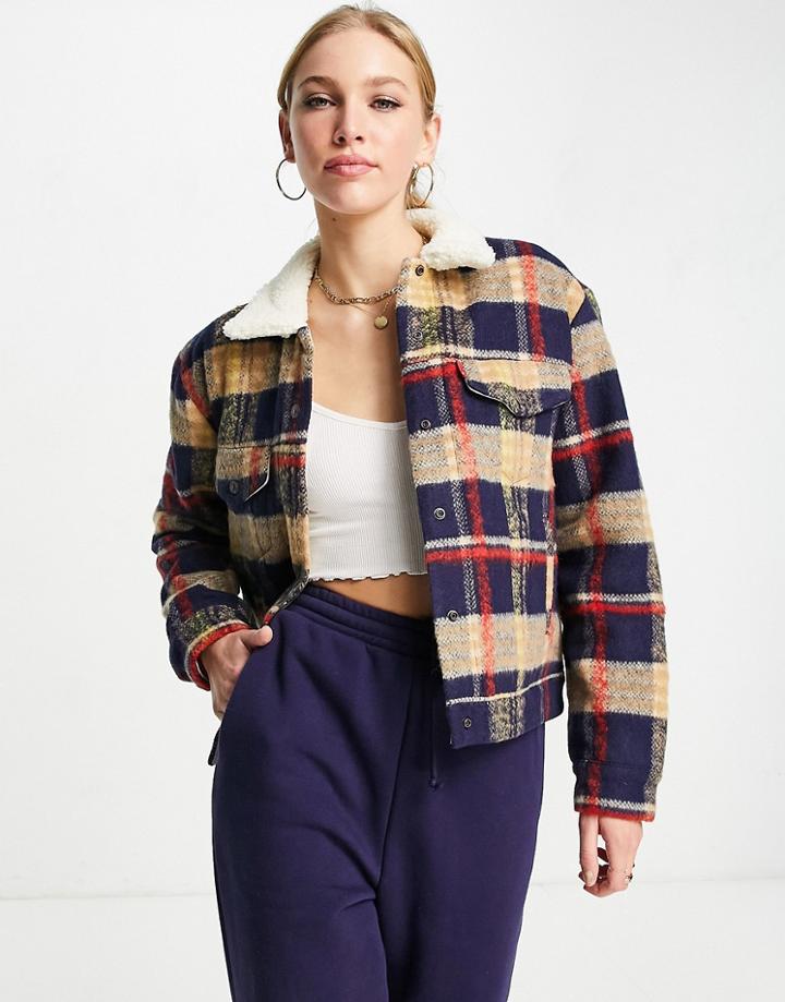 Levi's Wool Sherpa Trucker Jacket In Plaid-navy