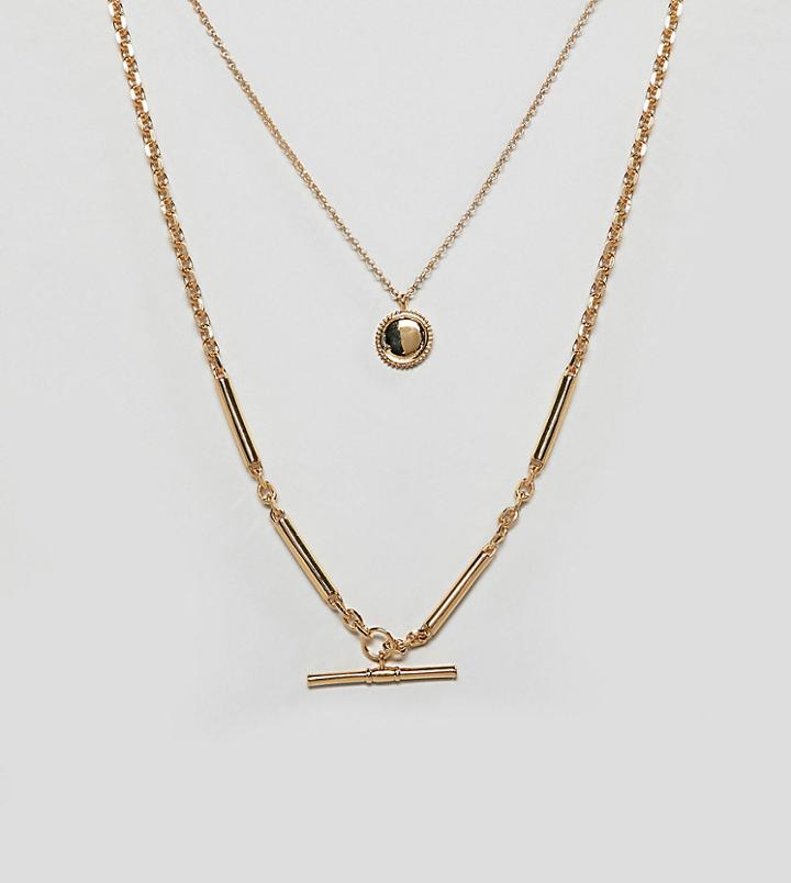 Asos Design Premium Gold Plated Multirow Necklace With Etched Disc And Toggle - Gold