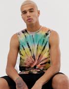 Asos Design Relaxed Longline Sleeveless T-shirt With Extreme Dropped Armhole In Spiral Tie Dye Wash - Multi
