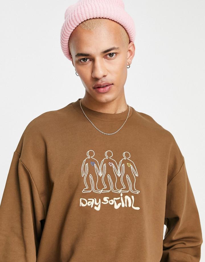 Asos Daysocial Oversized Sweatshirt With 3d Embroidery In Brown