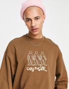 Asos Daysocial Oversized Sweatshirt With 3d Embroidery In Brown