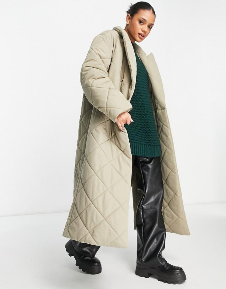 Na-kd Double Breasted Quilted Coat In Light Khaki-green