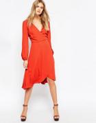 Asos Midi Dress With Blouson Sleeves And Wrap Front - Red