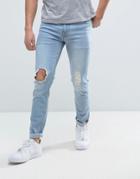Asos Skinny Jeans In Bleach Wash With Busted Knees - Blue