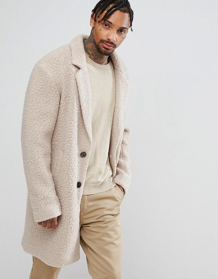 Asos Relaxed Borg Overcoat In Ecru - Beige