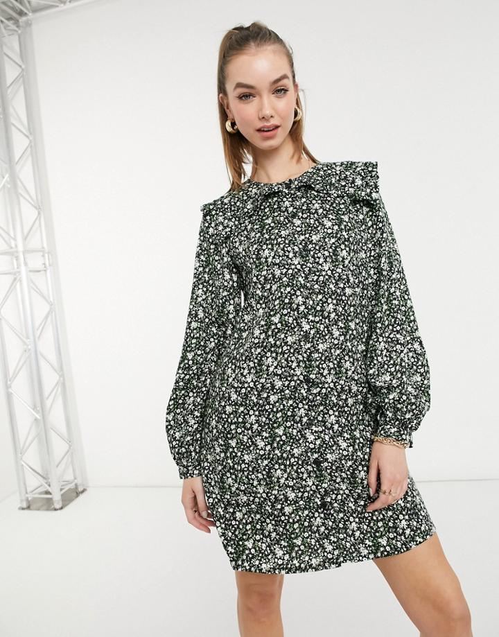 & Other Stories Organic Cotton Flower Print Collar Detail Mini Dress In Multi