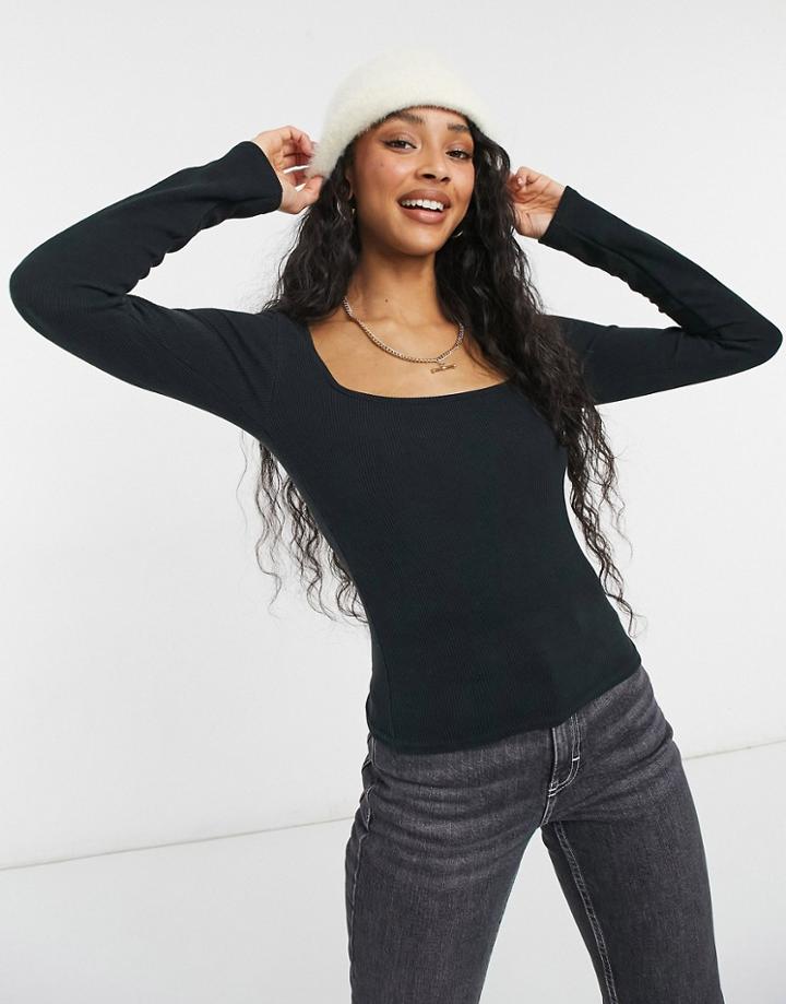 New Look Square Neck Ribbed T-shirt In Black