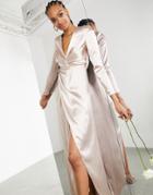 Asos Edition Sadie Pleated Plunge Satin Wrap Wedding Dress In Blush-pink