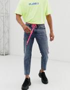 Asos Design Classic Rigid Jeans In Acid Wash Blue With Shoelace Belt